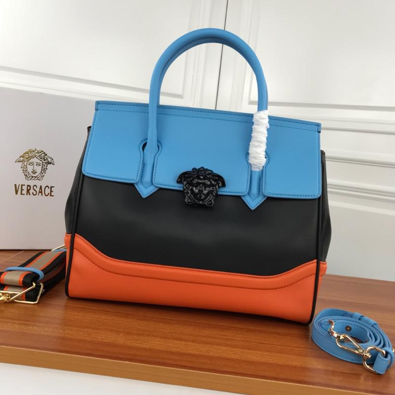 Versace Chain Handbags DBFF453 Full leather plain pattern color matching black, blue, and orange
